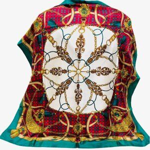 Beautiful GIOVANNI TESTI 100% SILK  SCARF satin 34"Ggreen read gold gold chain